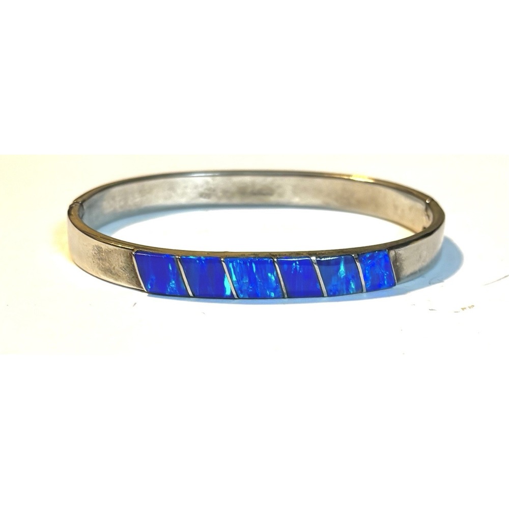 Costume blue opal inlay hinged bangle bracelet,
